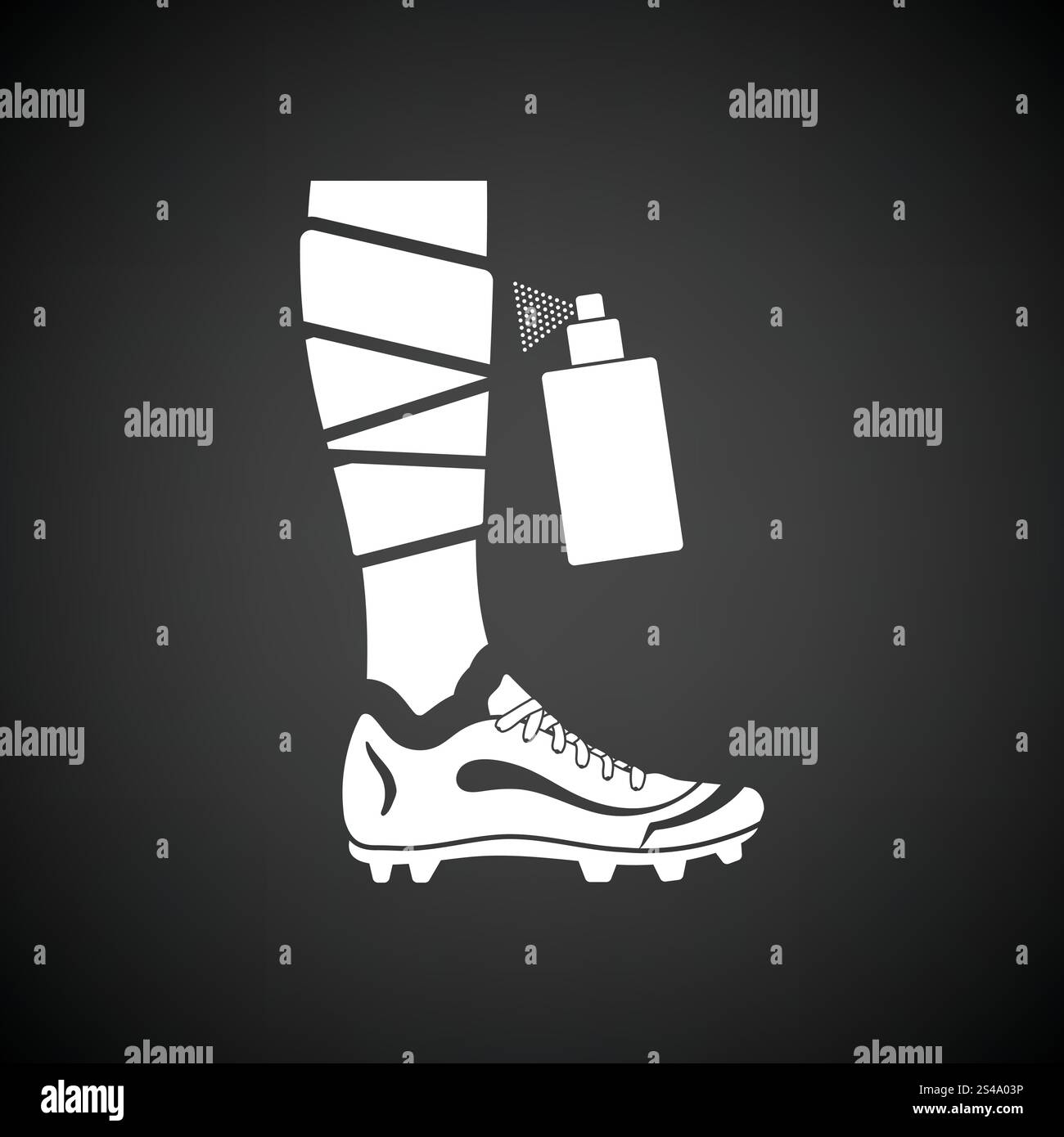 Soccer bandaged leg with aerosol anesthetic icon. Black background with ...