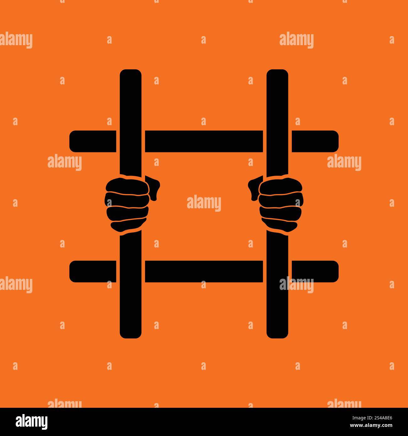 Hands holding prison bars icon. Orange background with black. Vector ...