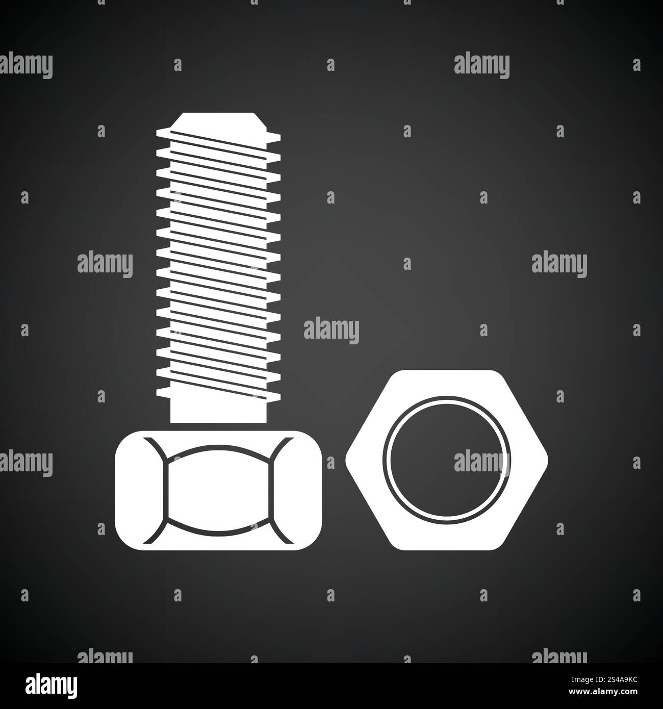 Icon of bolt and nut. Black background with white. Vector illustration ...