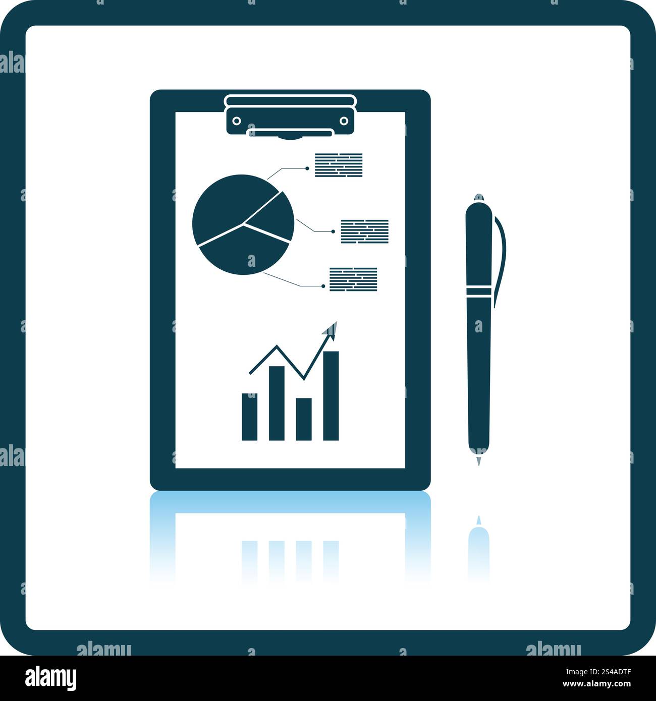 Writing tablet with analytics chart and pen icon. Shadow reflection design. Vector illustration. Stock Vector