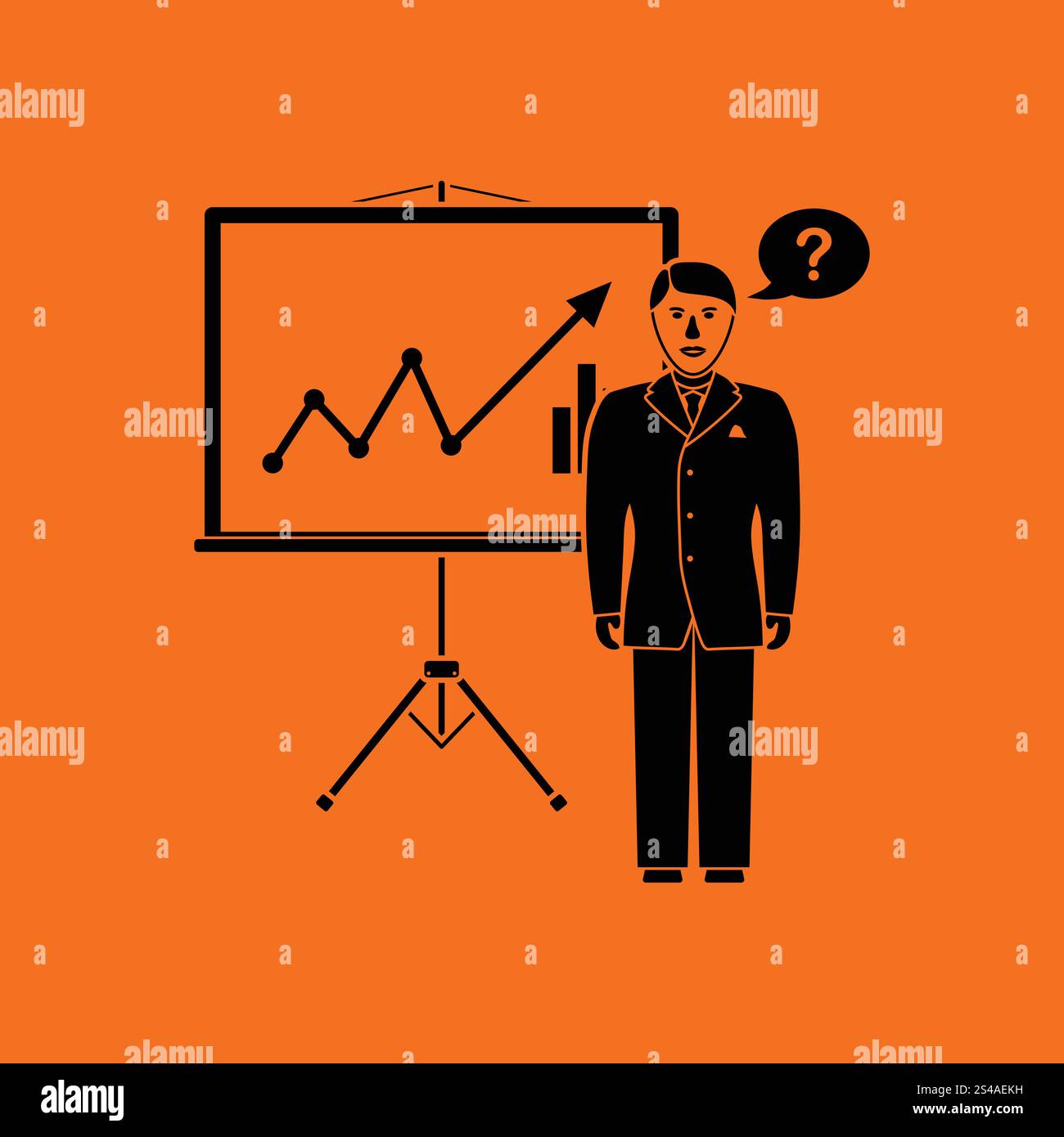 Clerk near analytics stand icon. Orange background with black. Vector illustration. Stock Vector