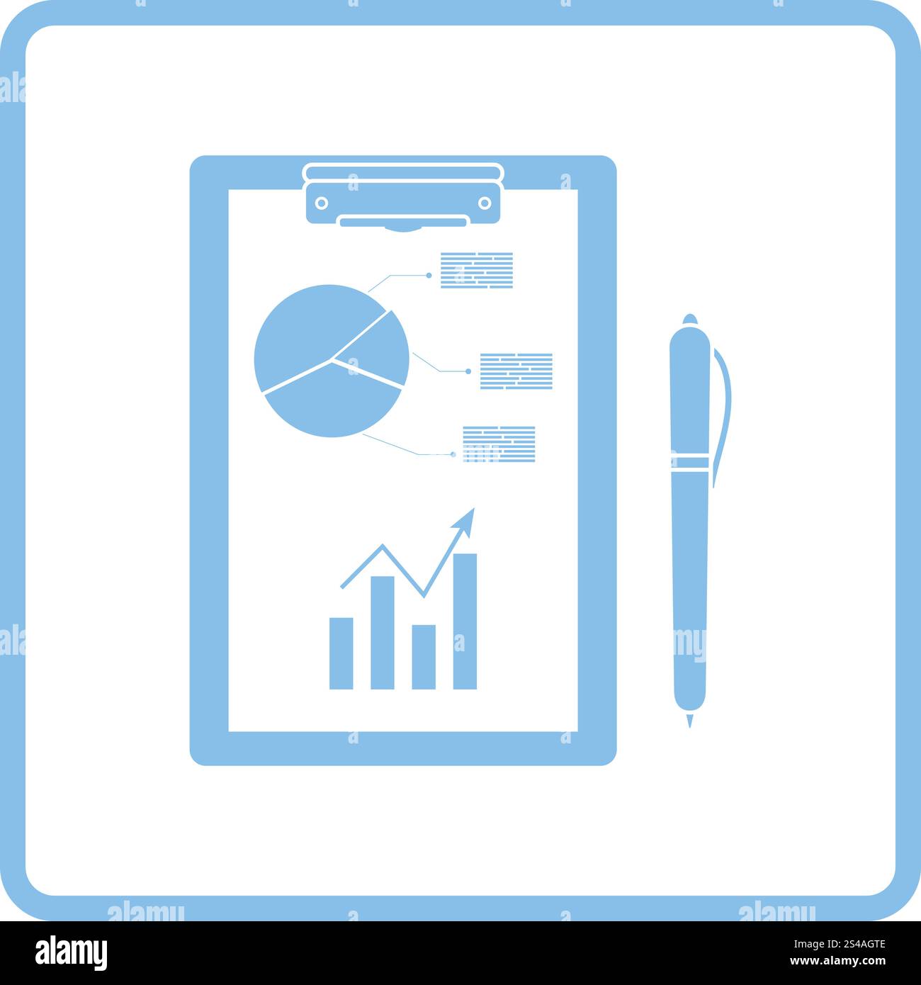 Writing tablet with analytics chart and pen icon. Blue frame design. Vector illustration. Stock Vector