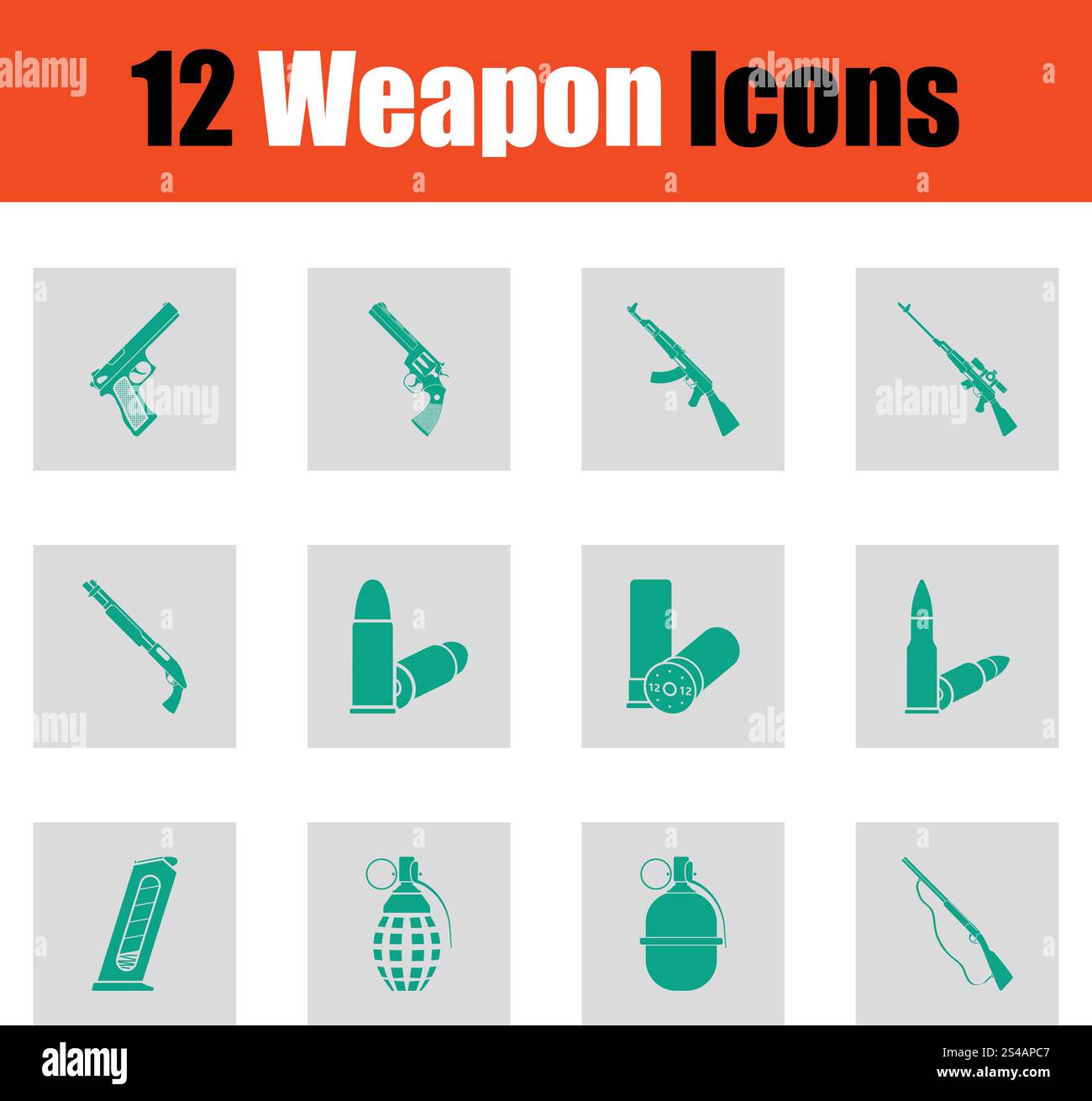 Set of twelve weapon icons. Set of twelve weapon icons. Green on gray ...