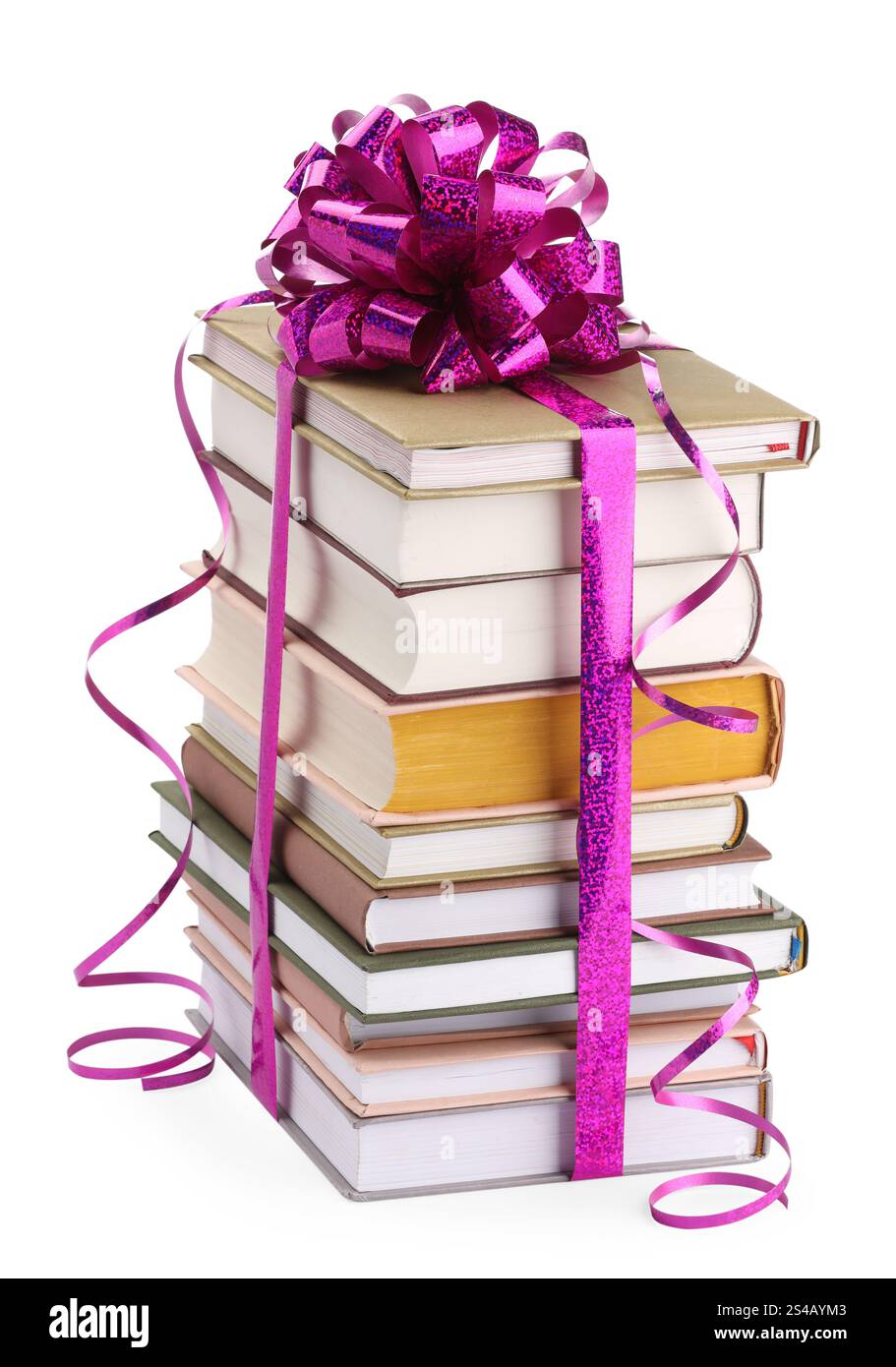 Stack of books with purple bow as gift isolated on white Stock Photo ...