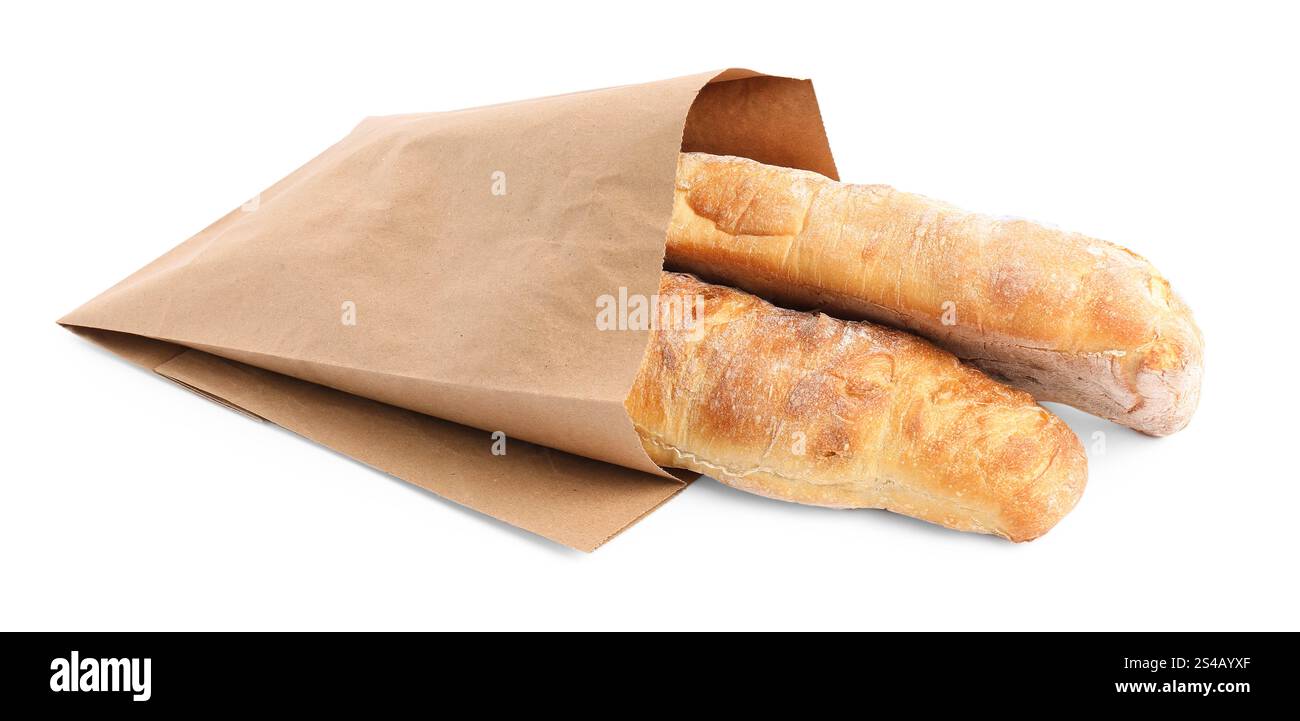 Paper bag with fresh baguettes isolated on white Stock Photo - Alamy