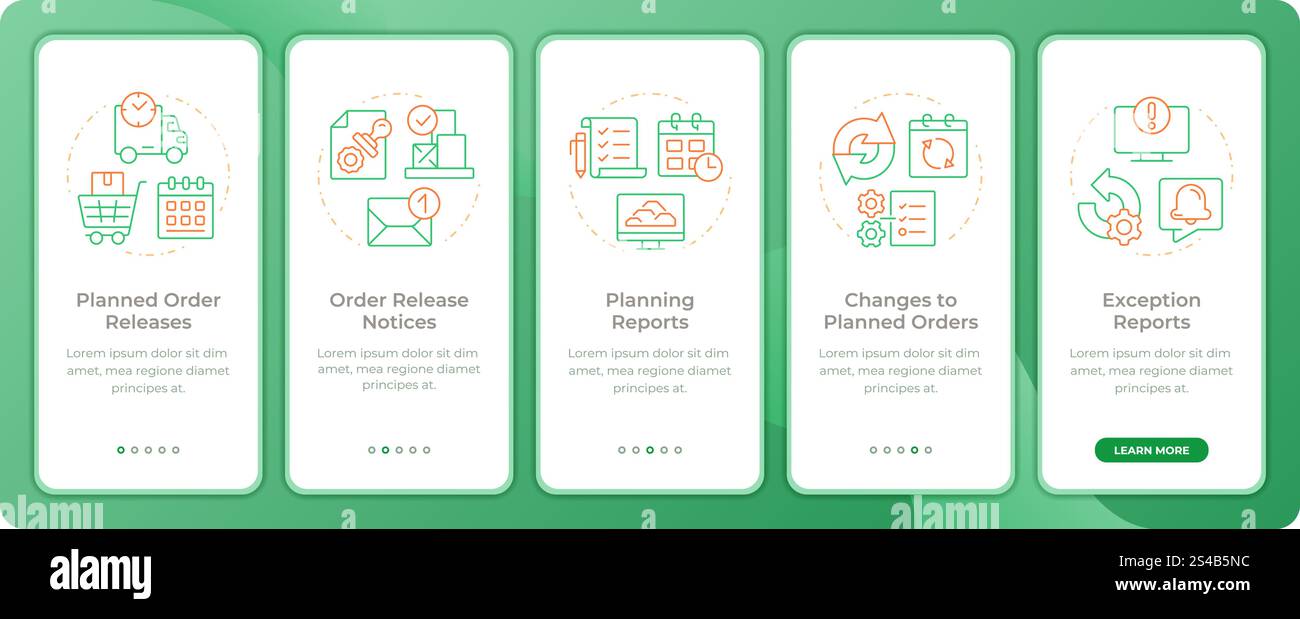 MRP outputs app onboarding screens Stock Vector