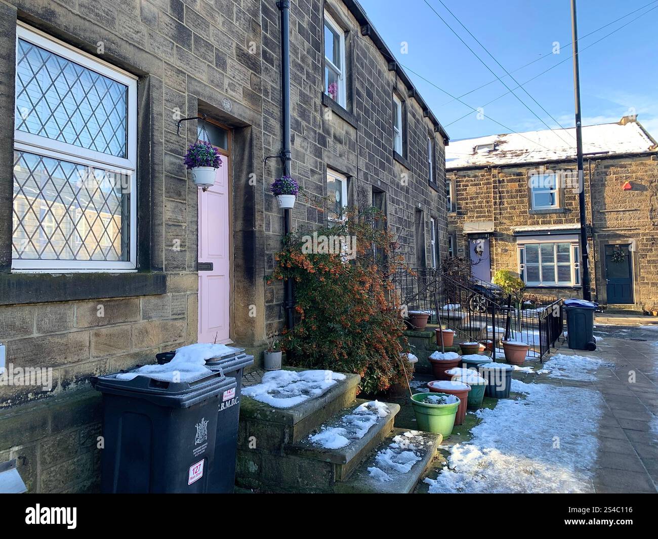 Burley in Wharfedale UK Yorkshire England Village Town people Winter Autumn Spring cold weather ice snow stone houses old Victorian design gardens - Smartphone Captured Stock Image