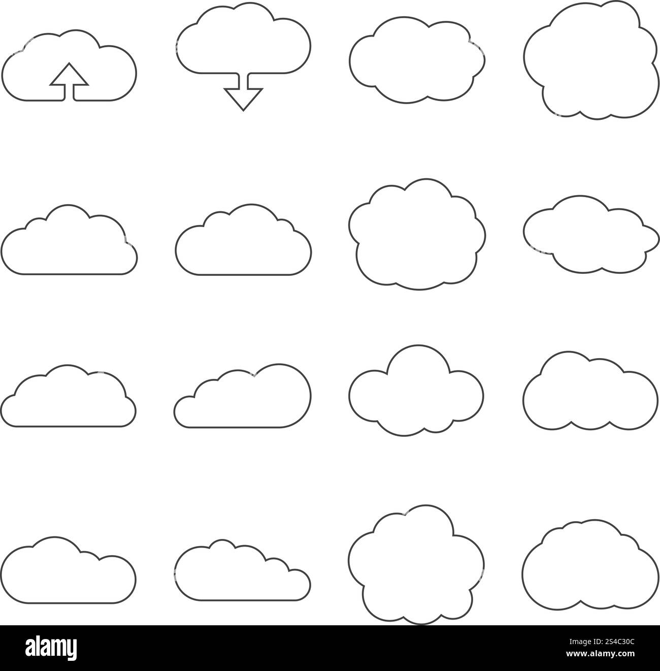 Cloud line web icons for cloud computing. Cloud line web icons. Cloud shape linear set for download or cloud computing signs Stock Vector
