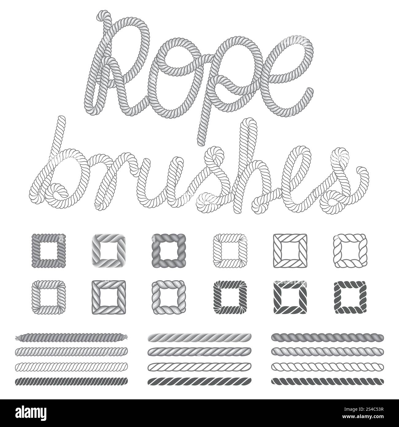 Rope nautical vector pattern brushes set. Rope nautical vector pattern brushes set. Rope pattern, nautical rope, design rope set Stock Vector