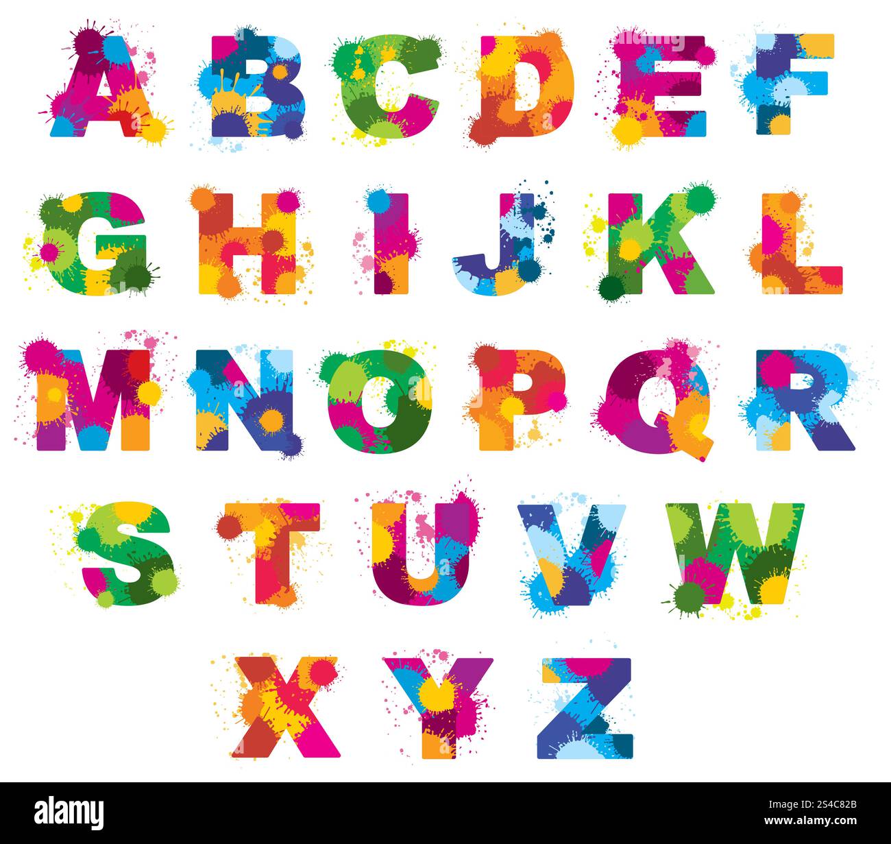 Letters alphabet painted by color splashes vector font. Letters ...