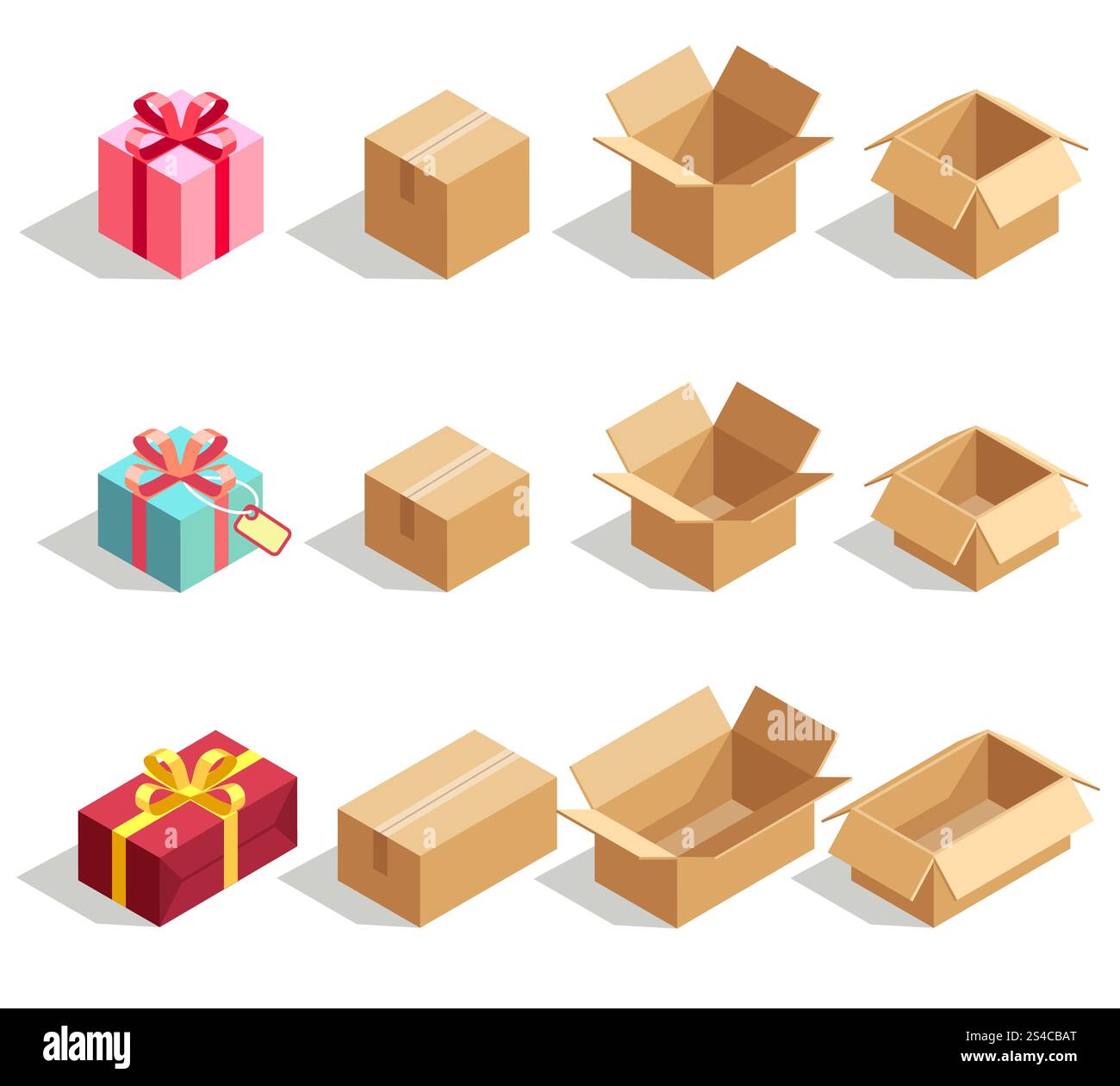Cardboard gift boxes opened and closed. 3D isometric vector icons for ...