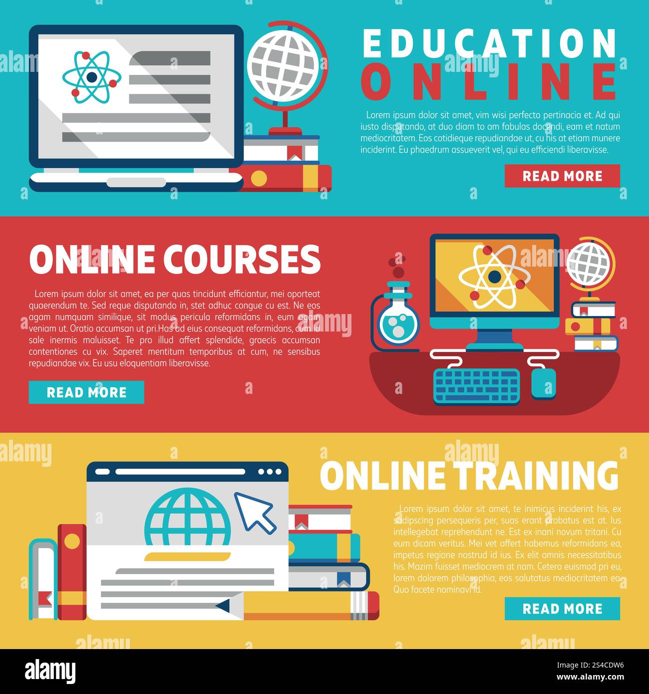 Online education training courses or webinars banners. Online education training courses tutorials webinars vector banners set Stock Vector