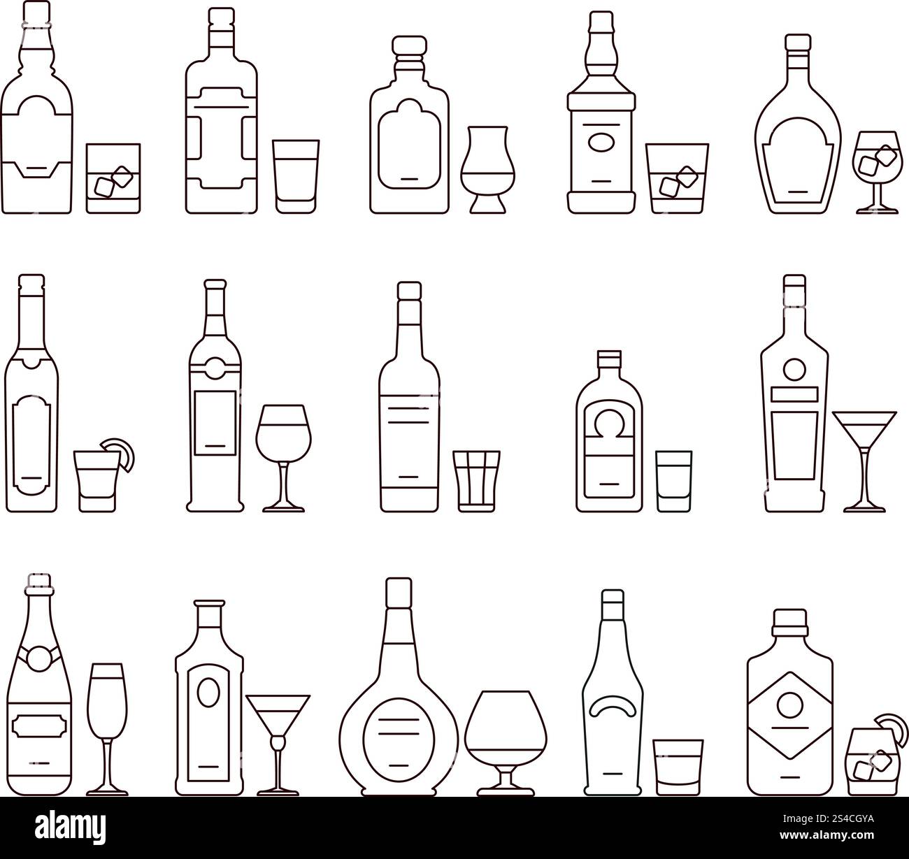 Alcohol drink beverages outline icons, bottles and glasses thin line ...