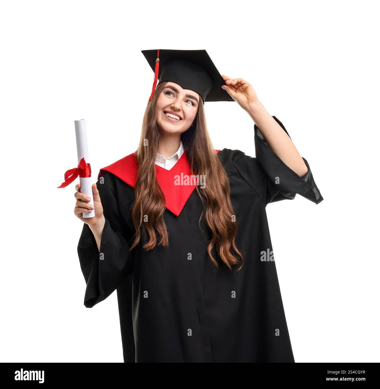 Happy student with diploma after graduation on white background Stock ...
