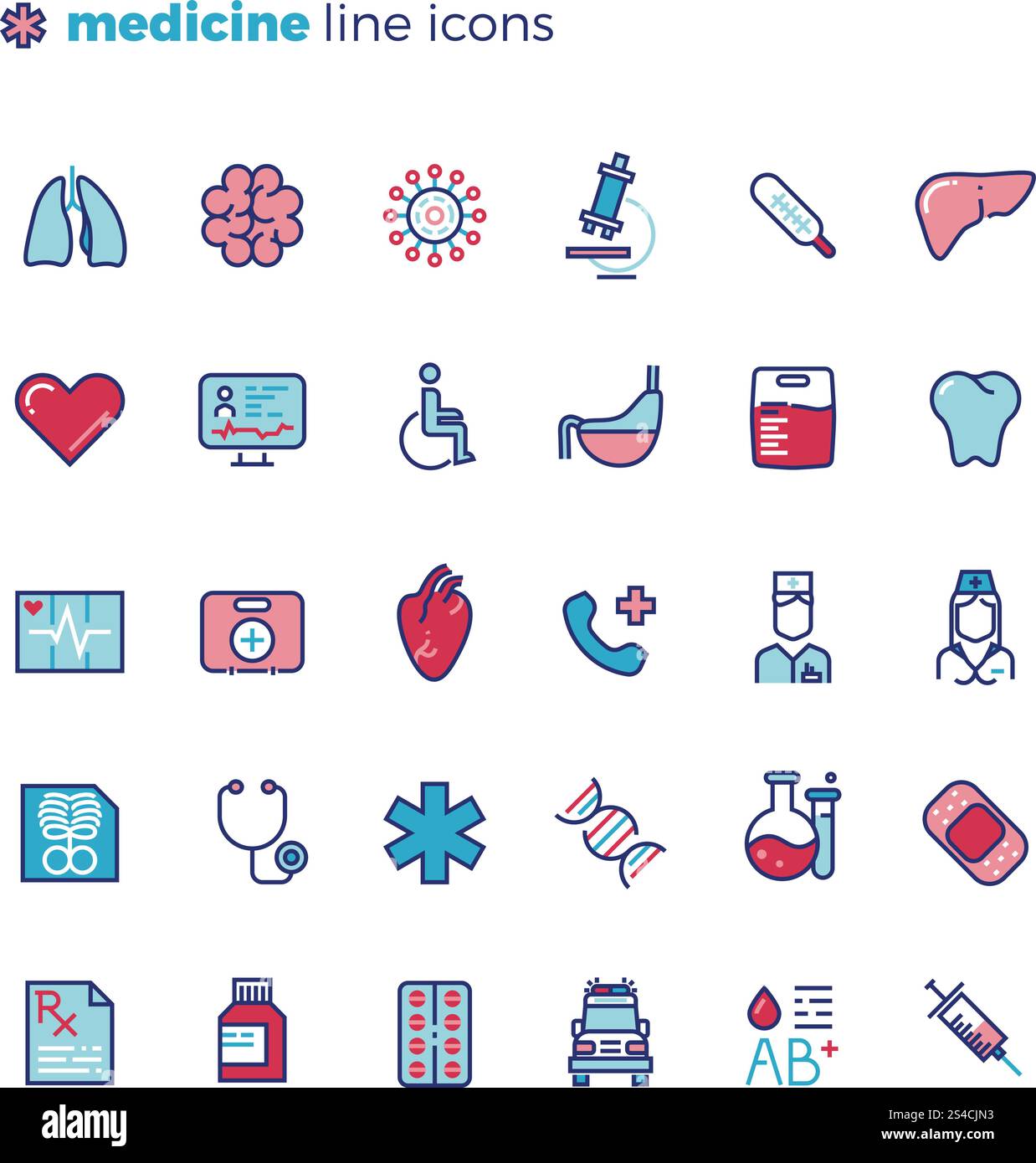 Medicine and medical equipment line vector icons with flat elements ...
