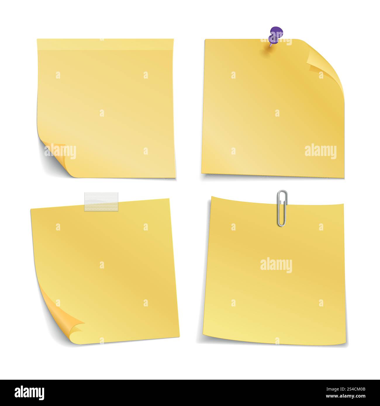 Adhesive blank notes stick with pin, clip and scotch. Vector set ...