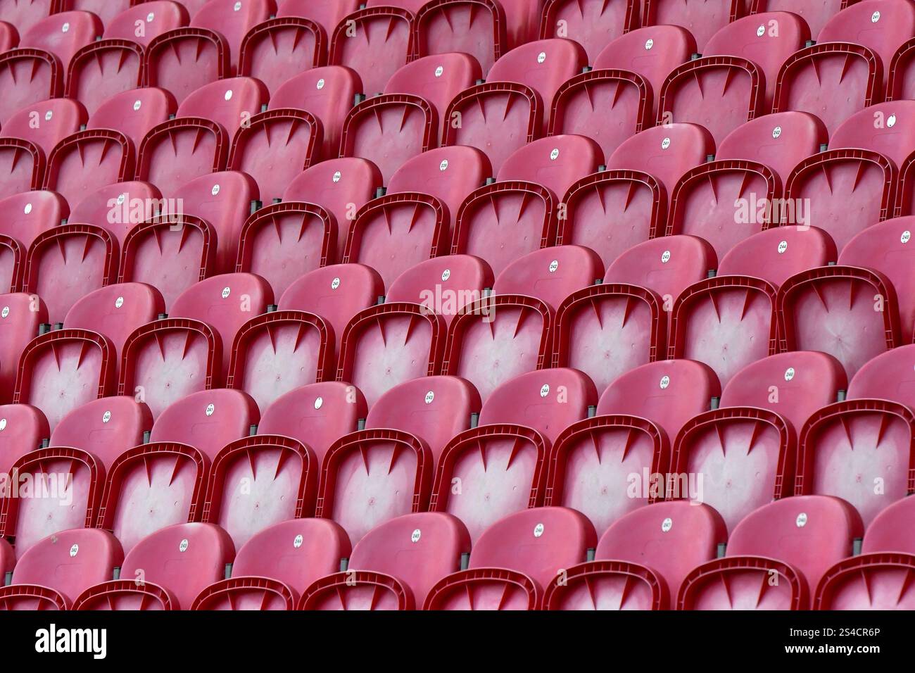 Llanelli, Wales. 11 January 2025. Empty rows of red plastic seat in the stadium during the Celtic Challenge Round 4 game between Brython Thunder and Wolfhounds at the Parc y Scarlets in Llanelli, Wales, UK on 11 January 2025. Credit: Duncan Thomas/Majestic Media/Alamy Live News. Stock Photo