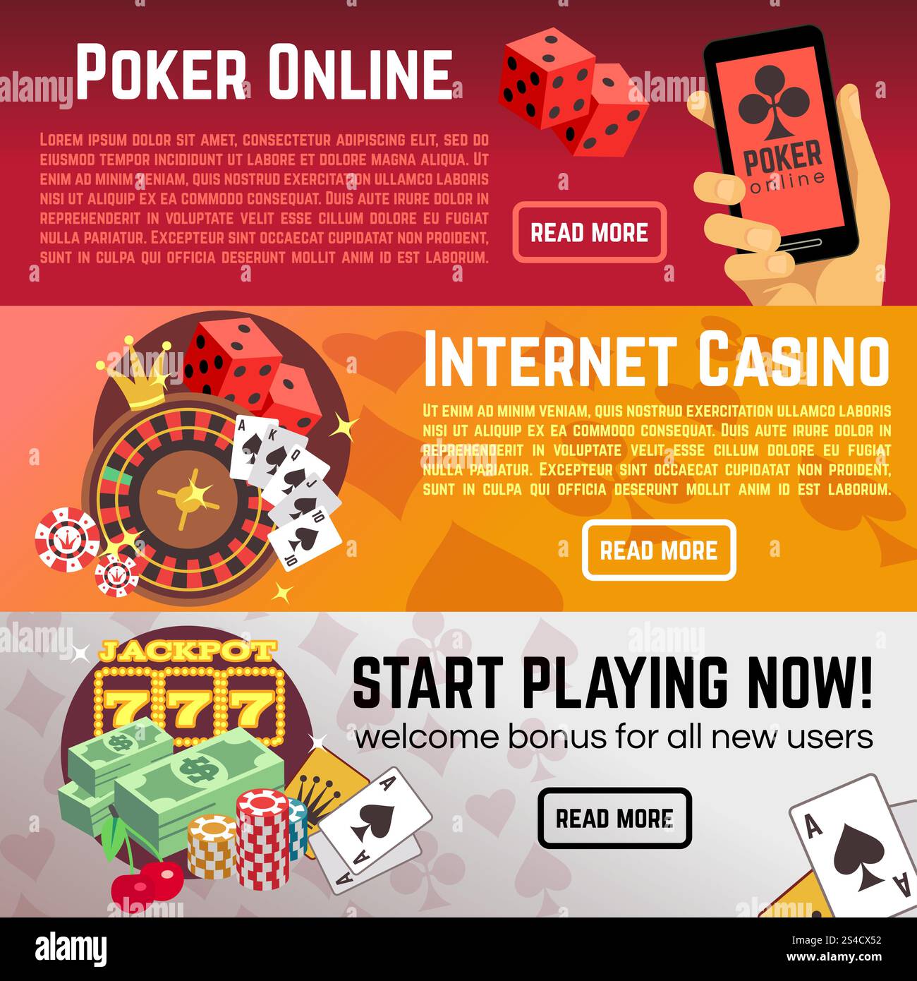 Poker online gaming lottery internet casino vector banners set. Start  playing now, roulette and dice illustration Stock Vector Image & Art - Alamy