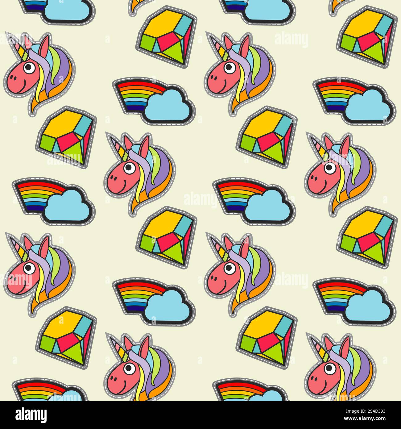 Vector patch unicorns and rainbows seamless pattern. Comic fun elements illustration. Vector patch unicorns and rainbows seamless pattern Stock Vector
