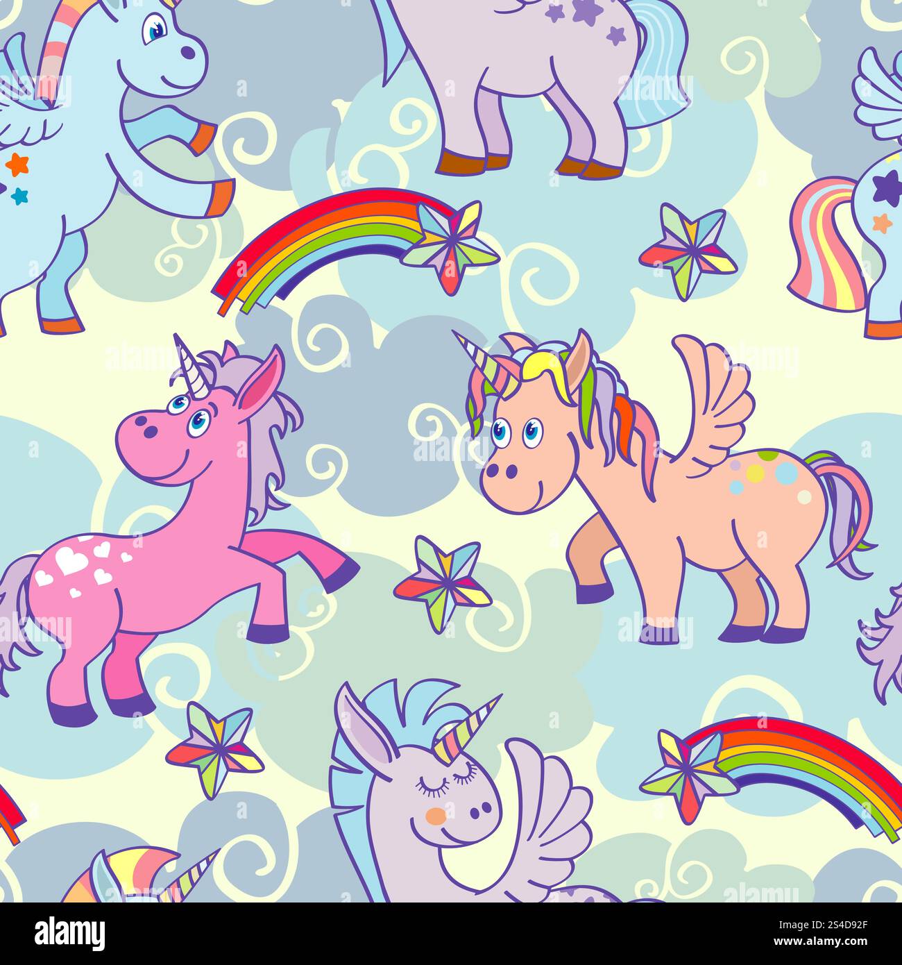 Pastel colored vector hand drawn unicorns seamless pattern. Background ...