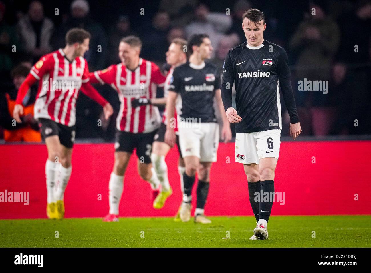 Eindhoven, Netherlands. 11th Jan, 2025. EINDHOVEN, NETHERLANDS - JANUARY 11: Peer Koopmeiners of AZ looks dejected after conceding his sides first goal during the Dutch Eredivisie match between PSV and AZ at Philips Stadion on January 11, 2025 in Eindhoven, Netherlands. (Photo by Ed van de Pol/Orange Pictures) Credit: Orange Pics BV/Alamy Live News Stock Photo