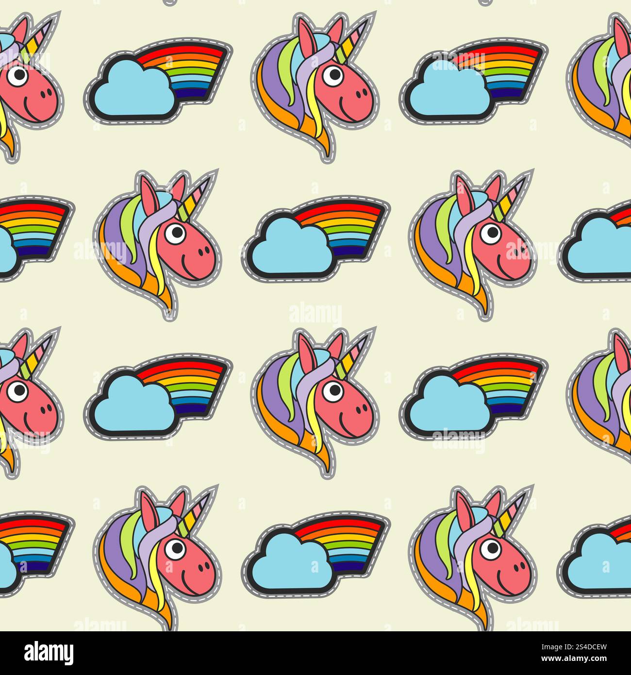 Vector patch unicorns and rainbows seamless pattern. Background with color pony illustration. Vector patch unicorns and rainbows seamless pattern Stock Vector