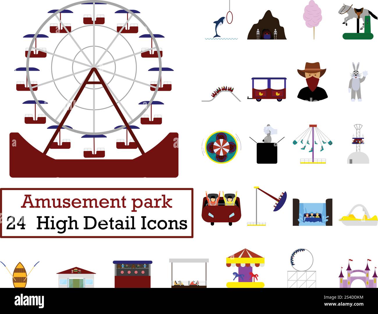 Set of 24 Amusement Park Icons. Flat color design. Vector illustration ...