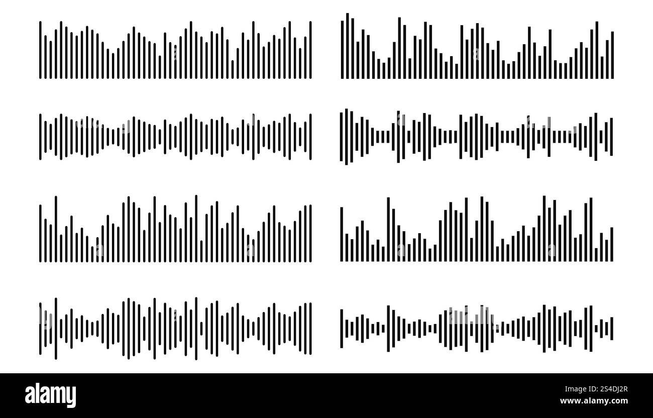 Thin line podcast sound waves and audio soundwave of voice message records collection isolated on white background. Round and square lines. Stock Vector
