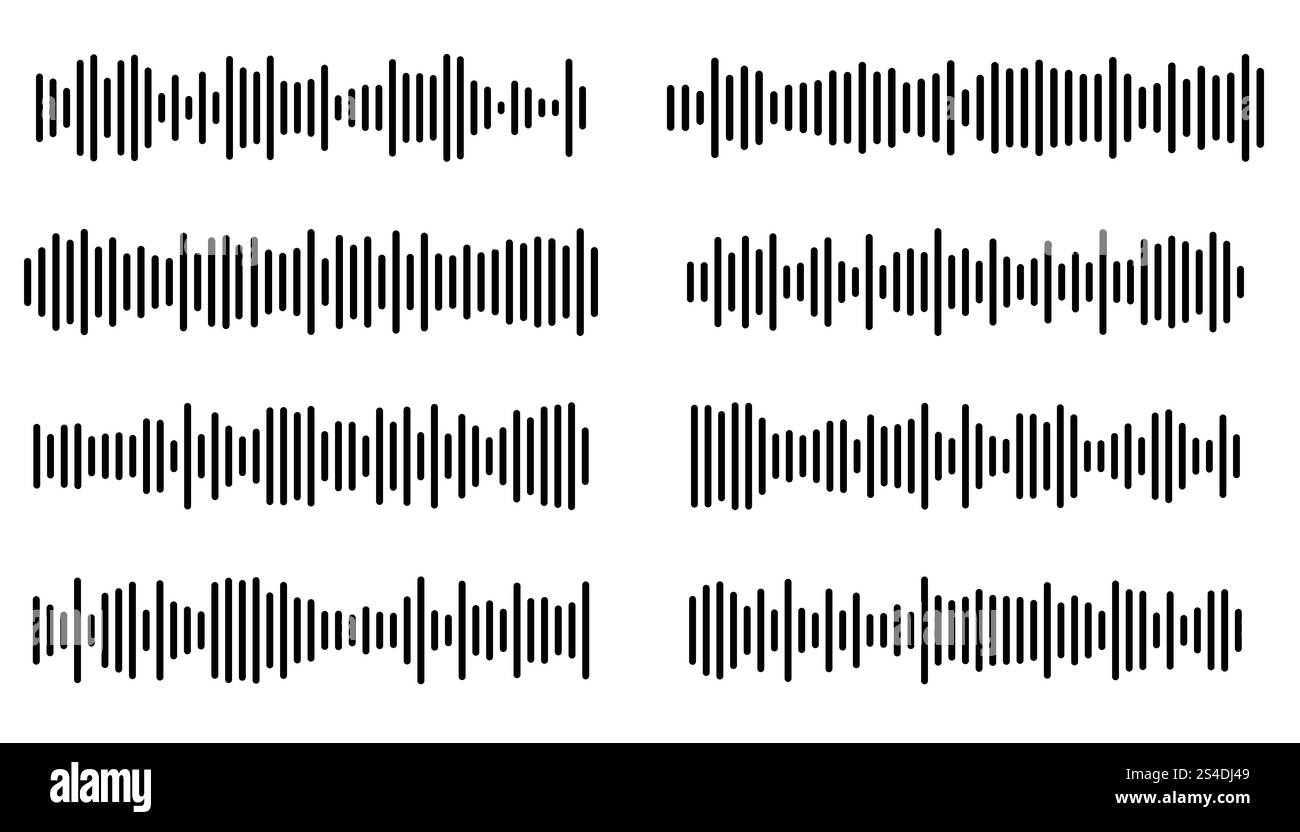 Thin line podcast sound waves and audio soundwave of voice message records collection isolated on white background. Round and square lines. Stock Vector
