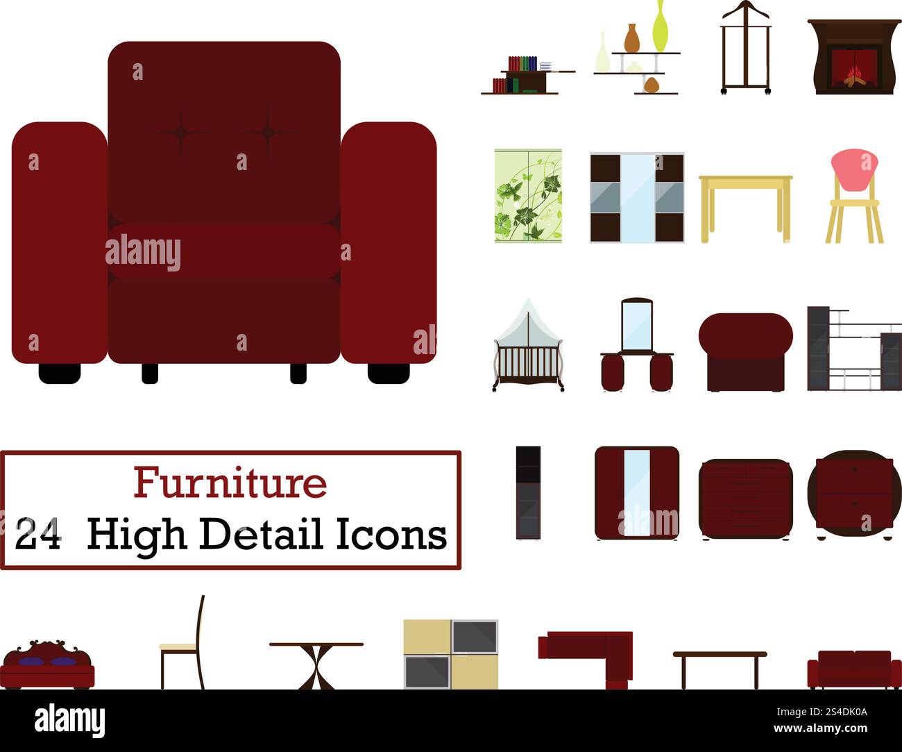 Set of 24 Furniture Icons. Flat color design. Vector illustration Stock ...