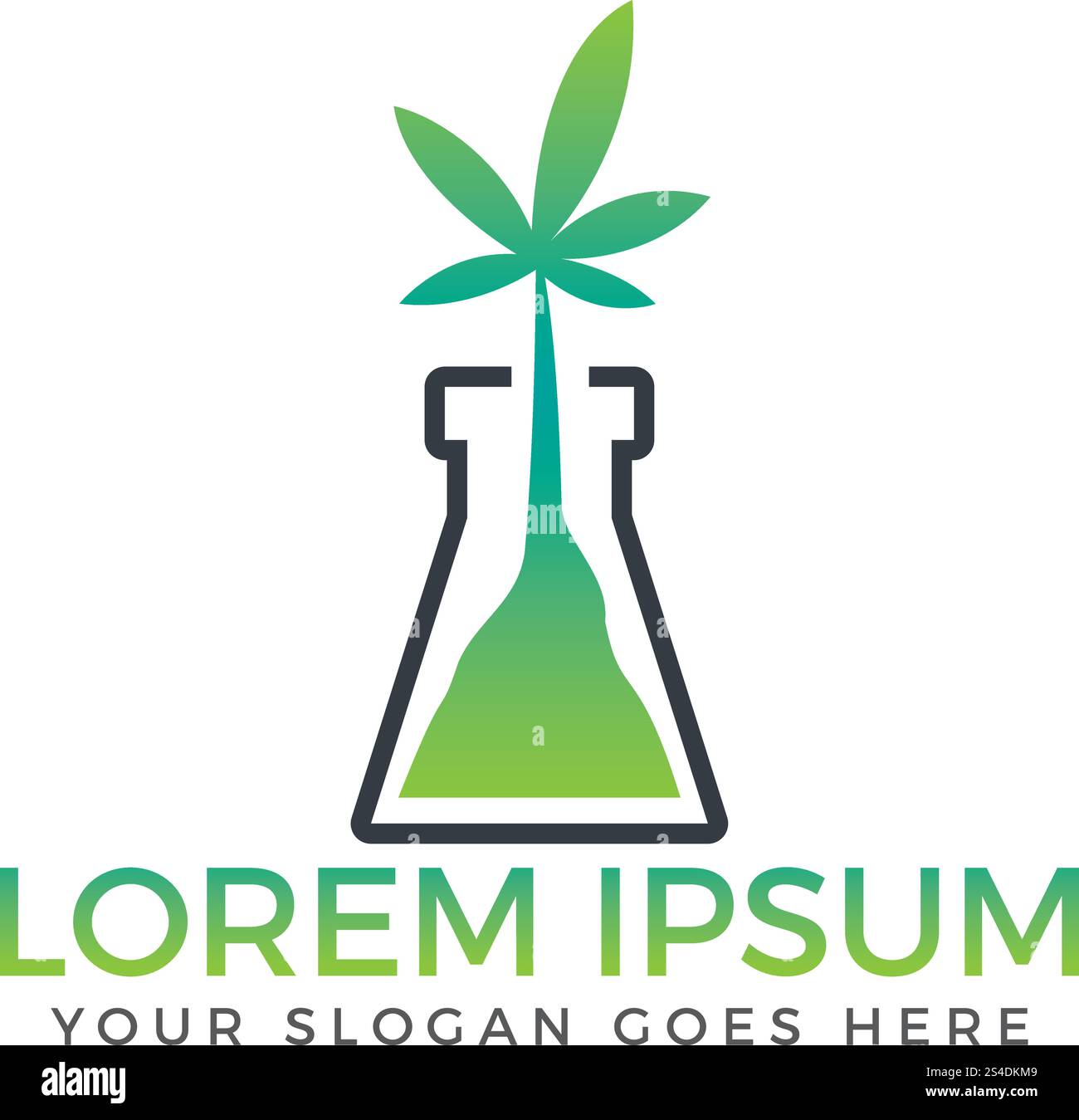 Green flask with cannabis leaf logo design. Stock Vector
