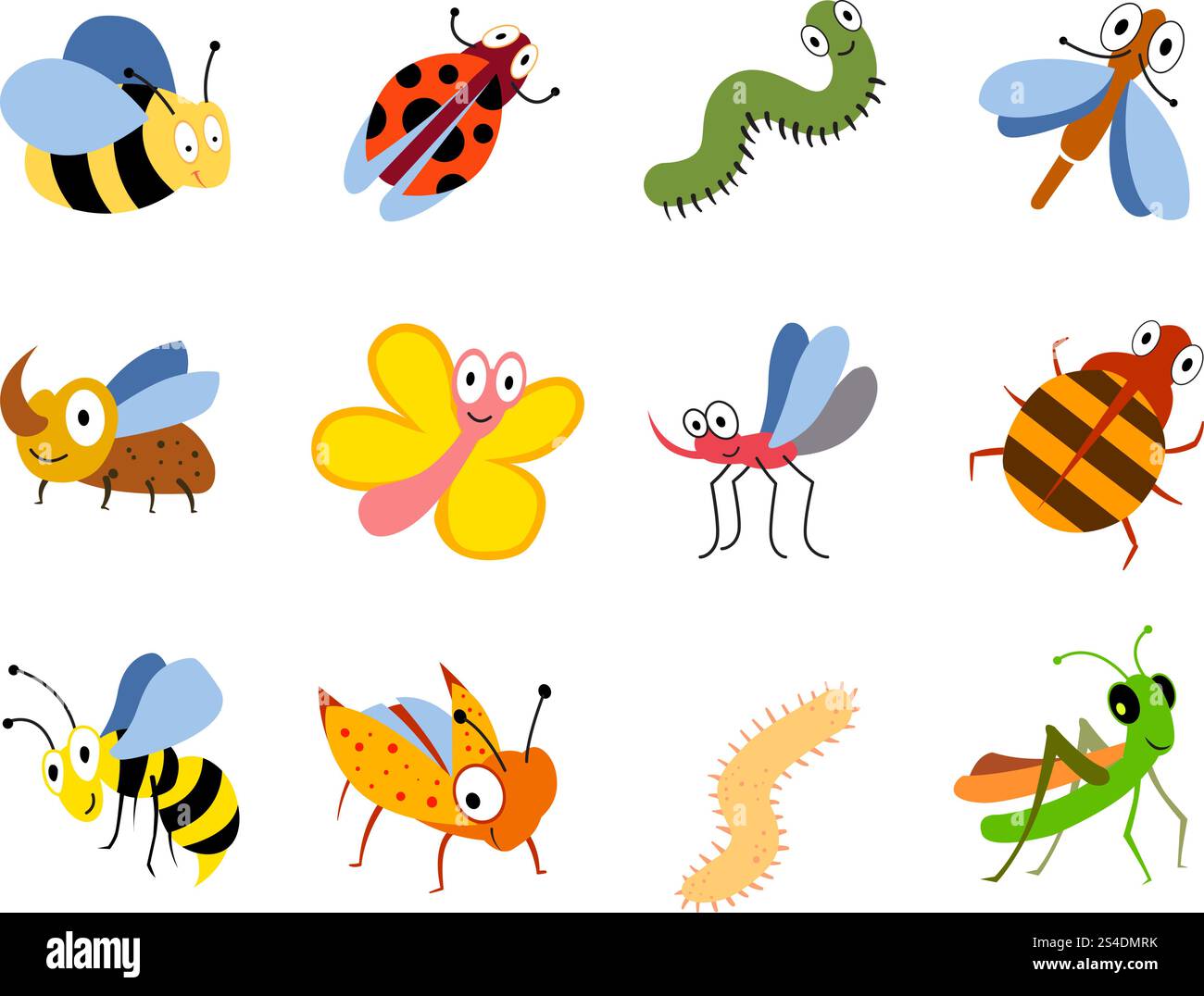 Funny insects, cute cartoon bugs vector set. Colored insects bee ...