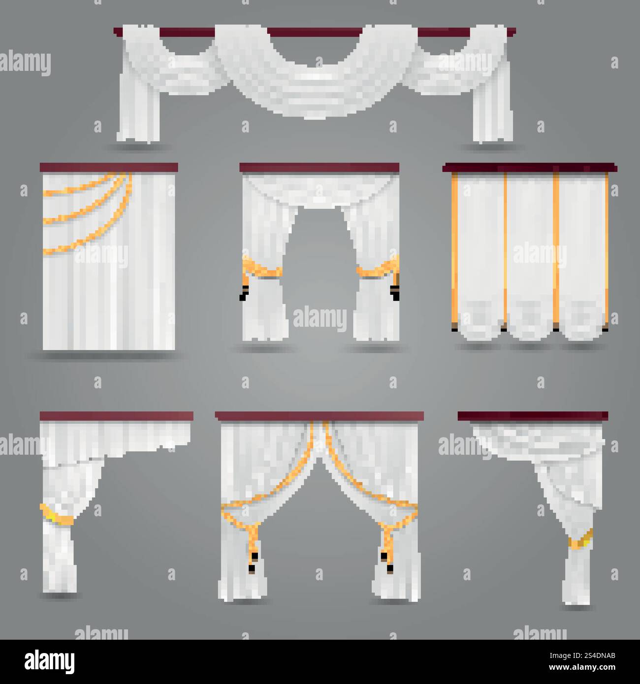 White curtains drapery for wedding room and windows vector set. Textile ...