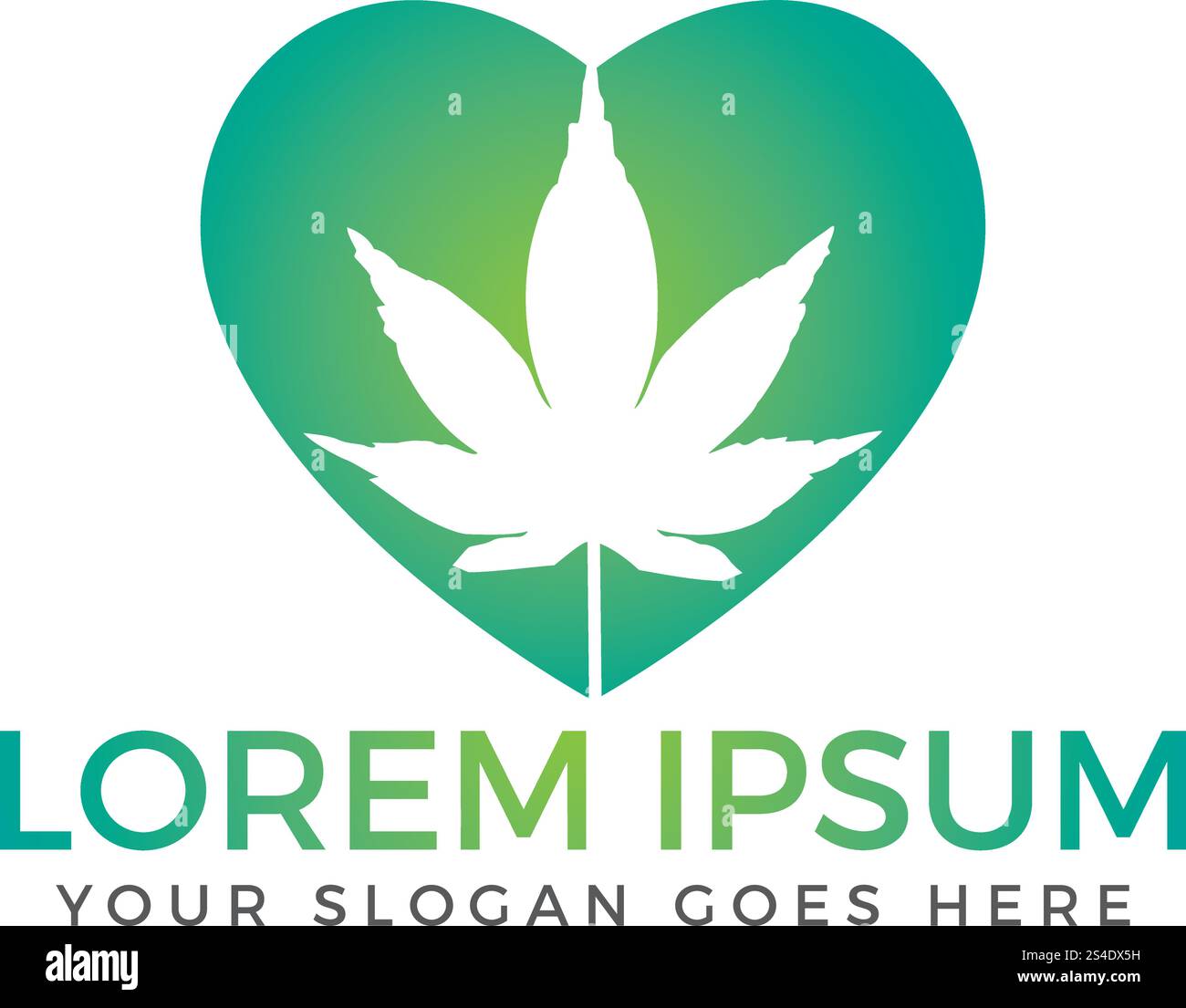 Heart symbol with cannabis leaf inside logo design. Stock Vector