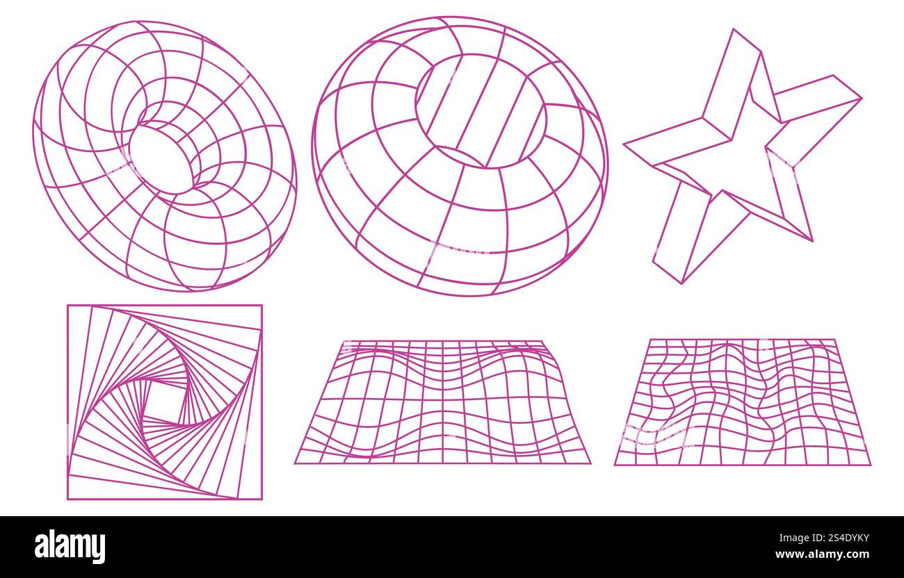 Geometric wireframe shapes and grids collection. Retro abstract neon elements in cyberpunk style. Stock Vector