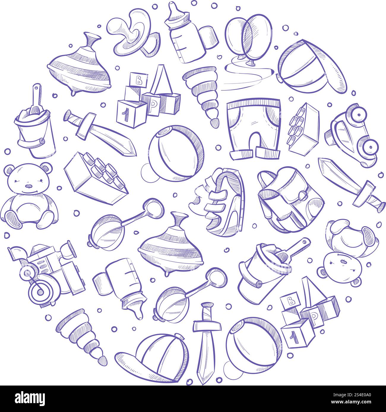 Doodle baby toys vector icons in circle design. Sketch of baby toys ...