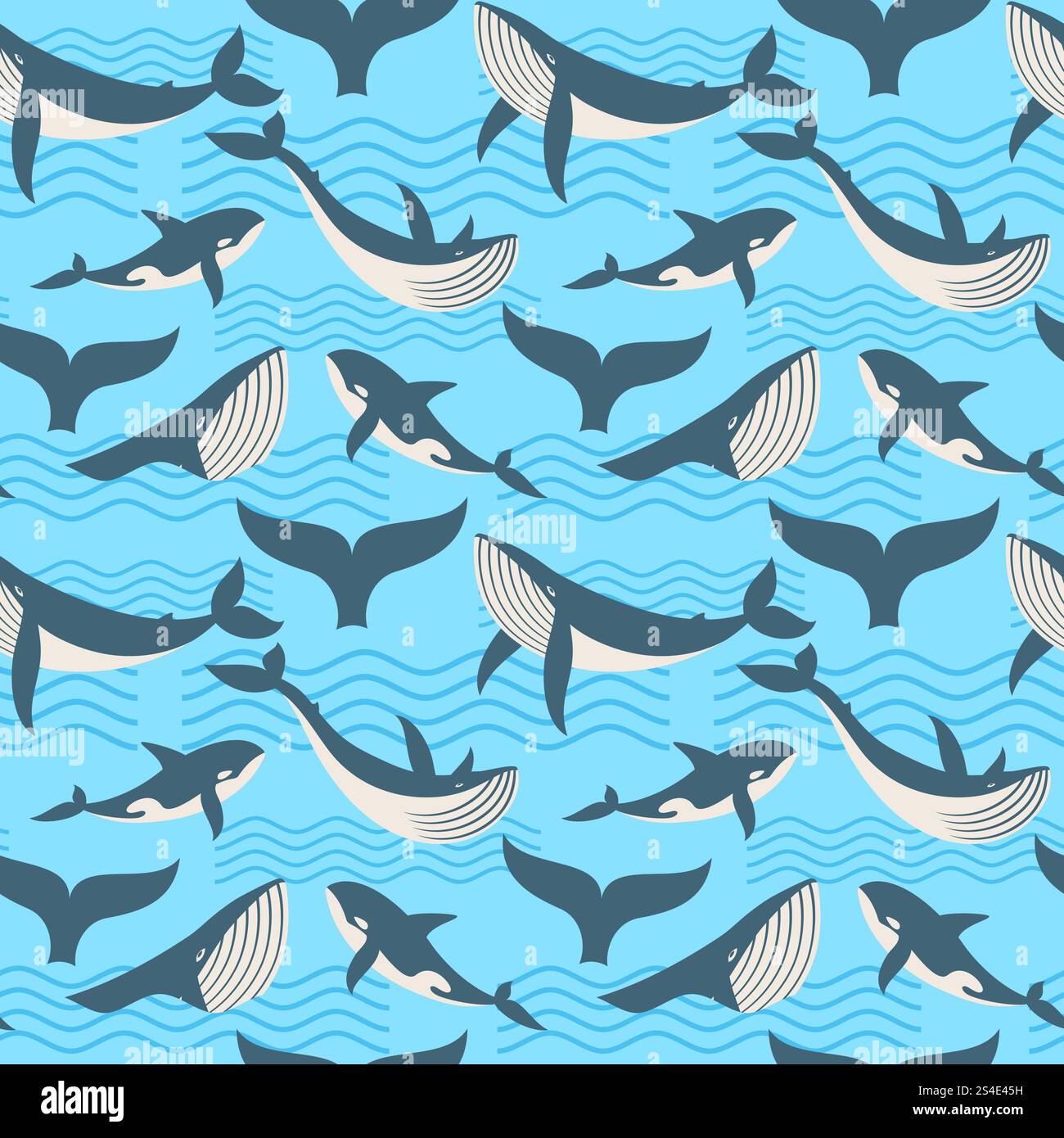 Vector seamless pattern with whale in ocean waves. Seamless background ...