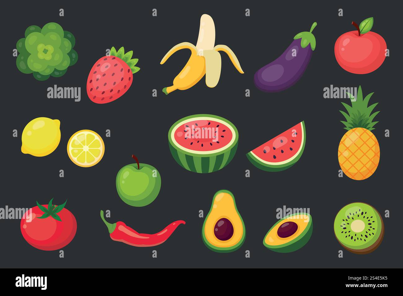 Set of fruits and vegetables. Vector illustration in flat style Stock ...