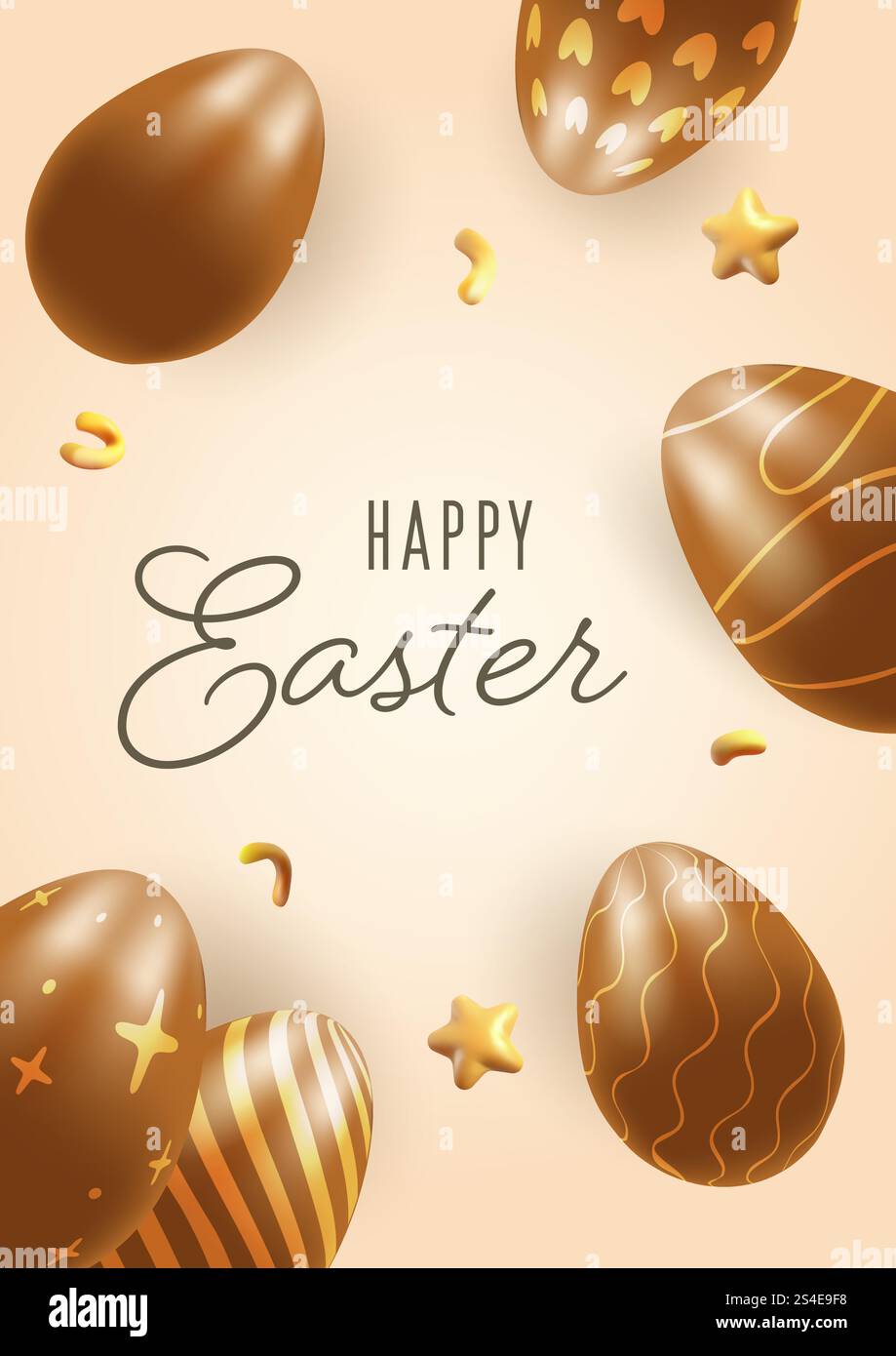 Happy Easter, 3D chocolate eggs greeting card, Easter on warm background Stock Vector