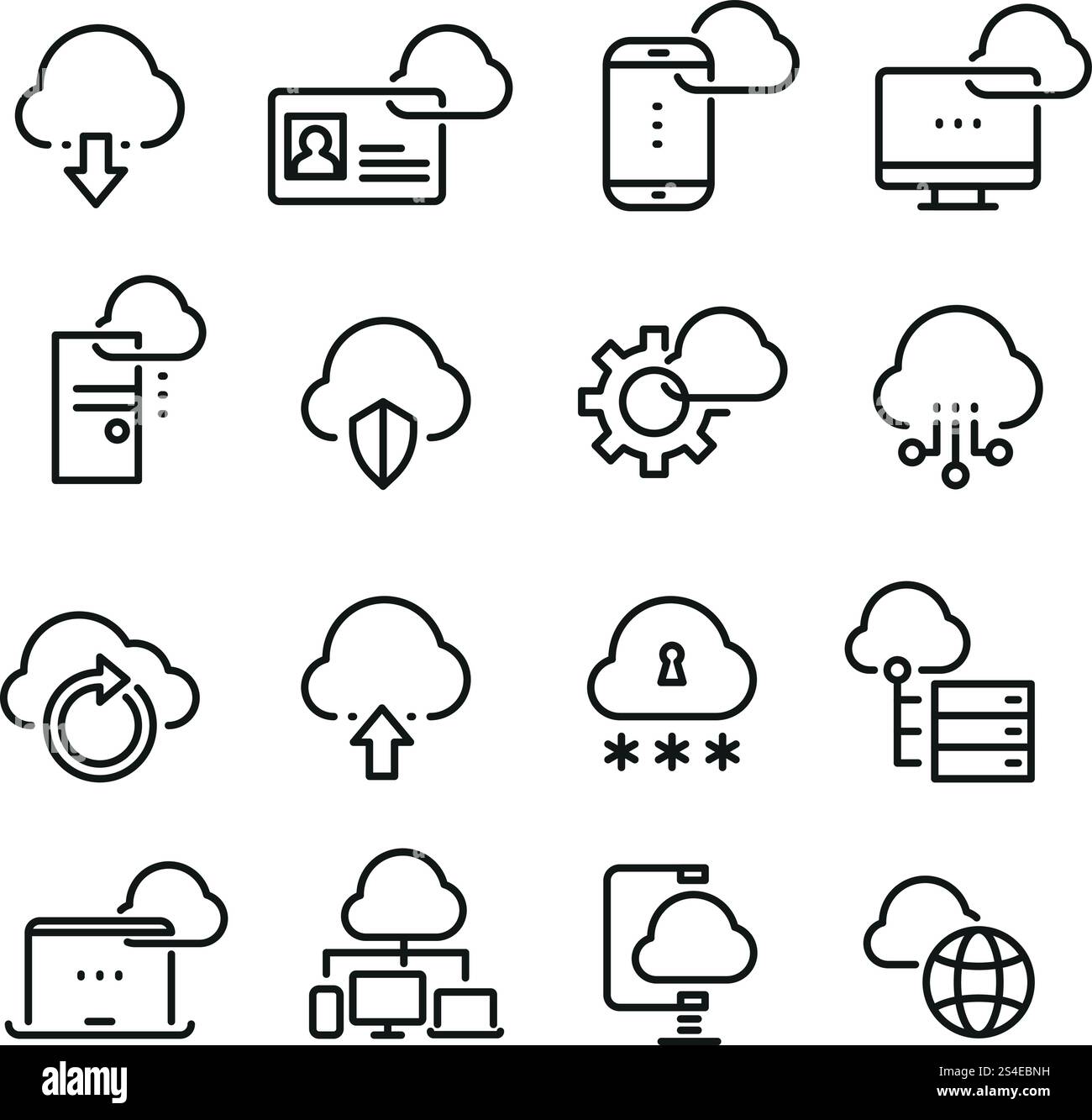 Computer cloud technology, data security, access perfection vector thin line icons. Cloud data on laptop, illustration of virtual data cloud. Computer cloud technology, data security, access perfection vector thin line icons Stock Vector