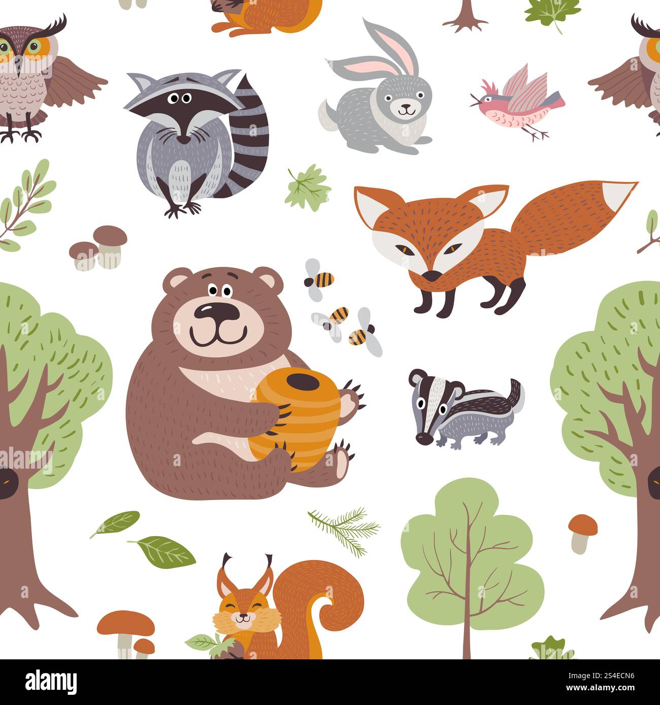 Forest summer plants and woodland animals vector seamless pattern ...