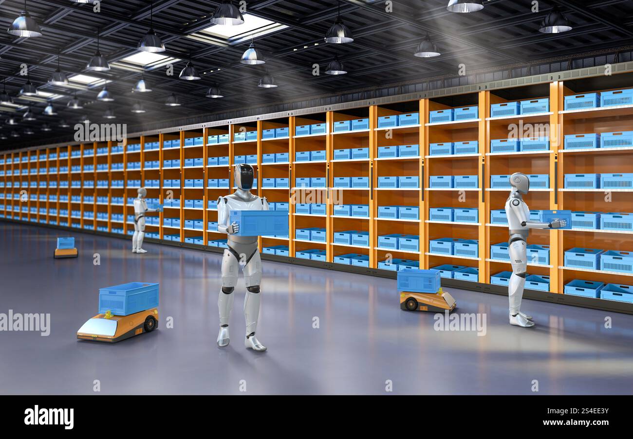 Automation warehouse concept with 3d rendering assistant robot work in ...