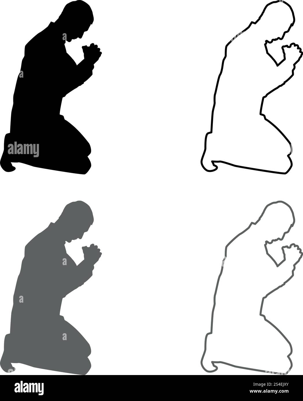 Man pray on his knees silhouette icon set grey black color vector ...
