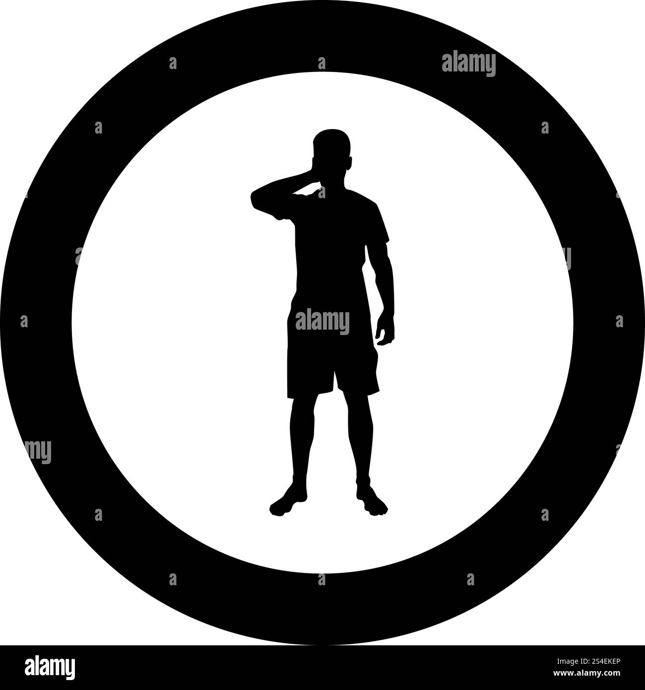 Man closing his eyes his hands silhouette front view icon black color vector illustration flat style simple imagein circle round Stock Vector