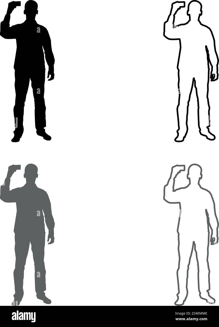 Man shows card in his hand Business card in hand businessman silhouette icon set grey black color vector illustration outline flat style simple image Stock Vector