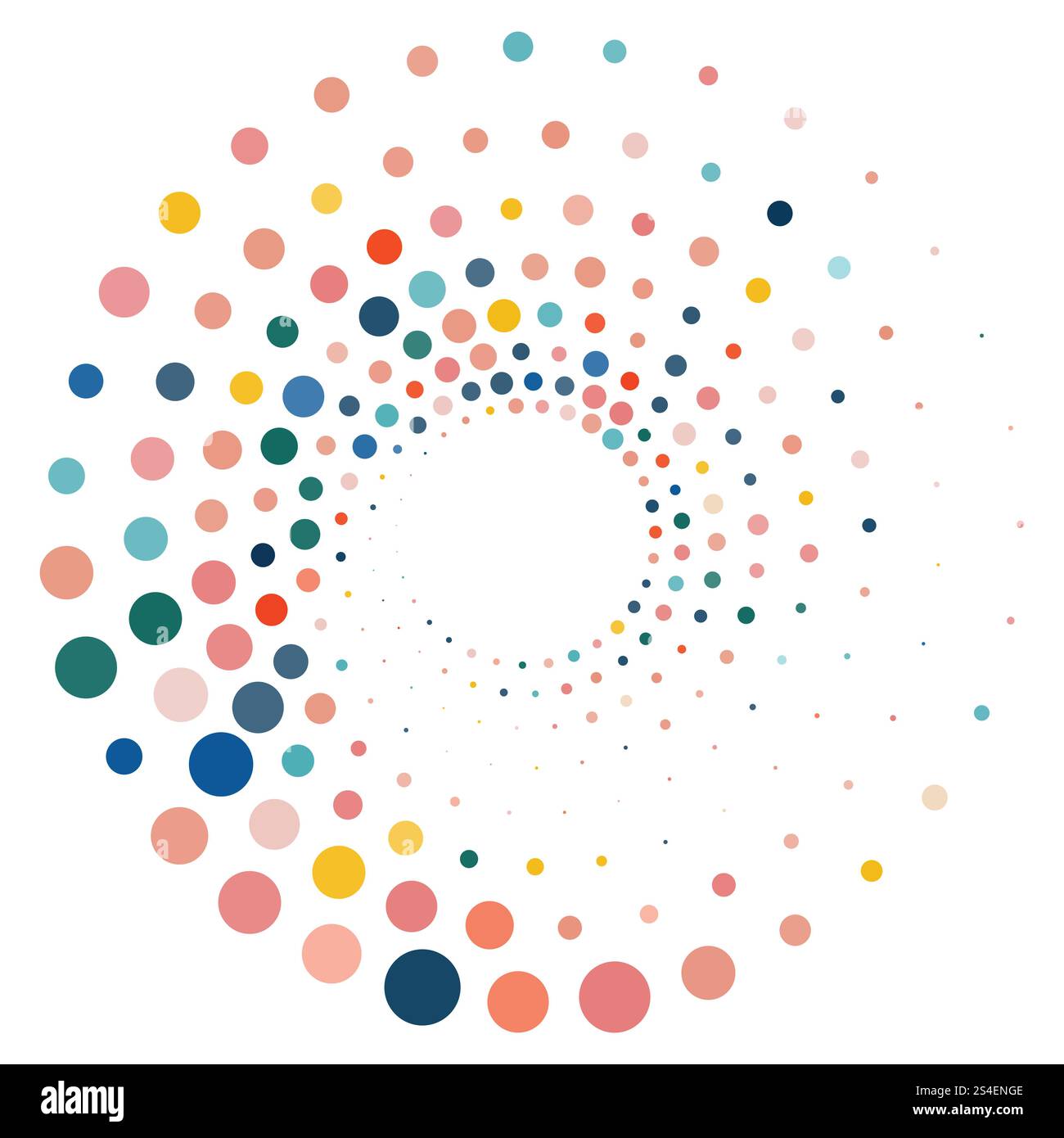 Colorful halftone round element, twister, halftone circular texture with dots, radial halftone tornado Stock Vector