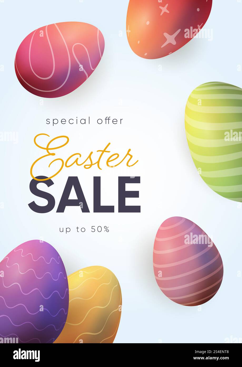 Easter sale, colored 3D eggs, discount template Stock Vector