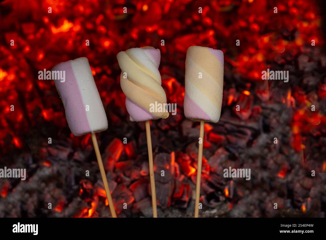 Three marshmallows on wooden skewers over red burning coal background, soft focus Stock Photo