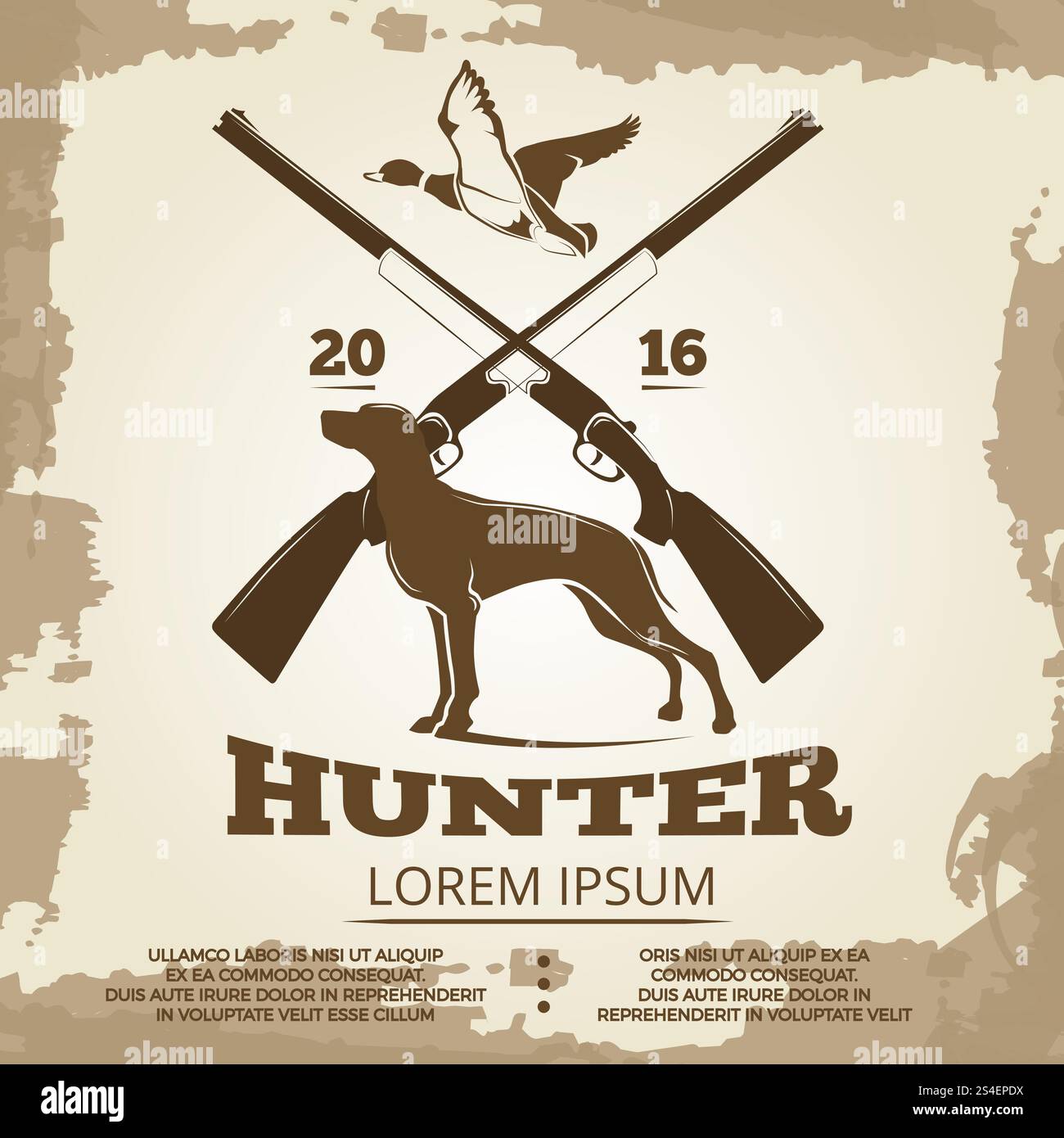 Hunting vintage poster design with guns, dog and duck. Hunt banner