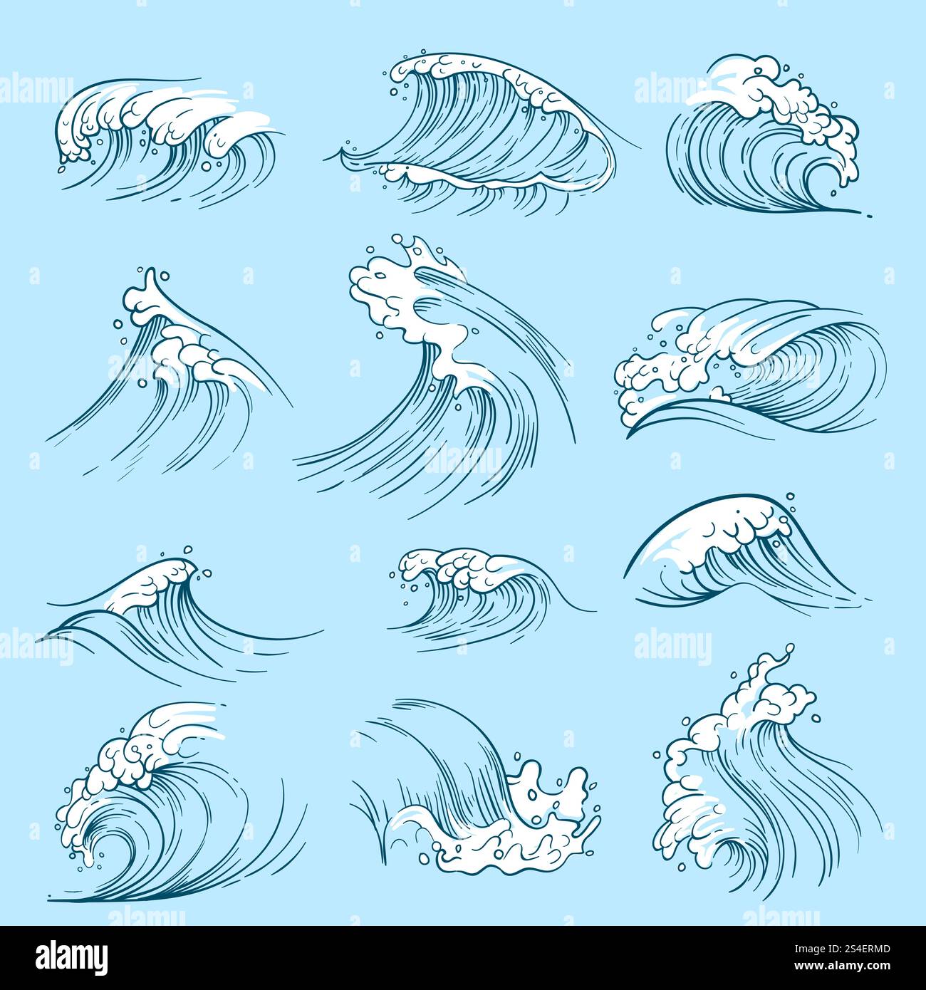 Sketch ocean waves. Hand drawn marine vector tides. Wave water storm ...